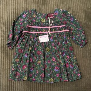 April Cornell Green Floral Cotton Dress with Pink Trim